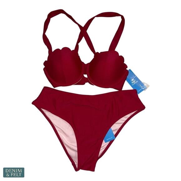 Cupshe Sangria Bliss Red Bikini Set XS Bust Enhancing Scallop Swimwear NEW/NWT!! - Picture 8 of 15